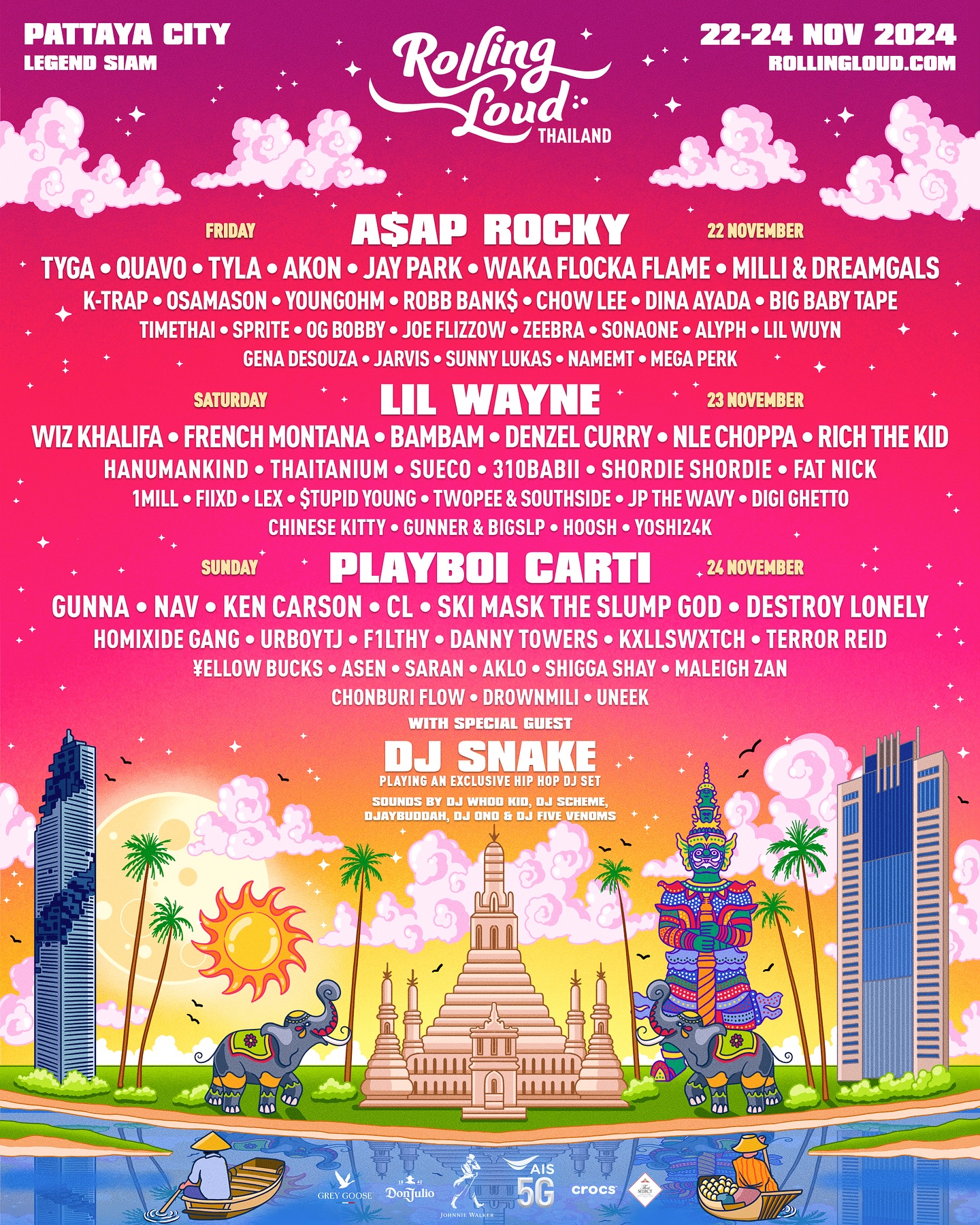 22 พ.ย. 24 พ.ย. 2024 “Rolling Loud Thailand 2024” เทศกาลฮิปฮอประดับโลก